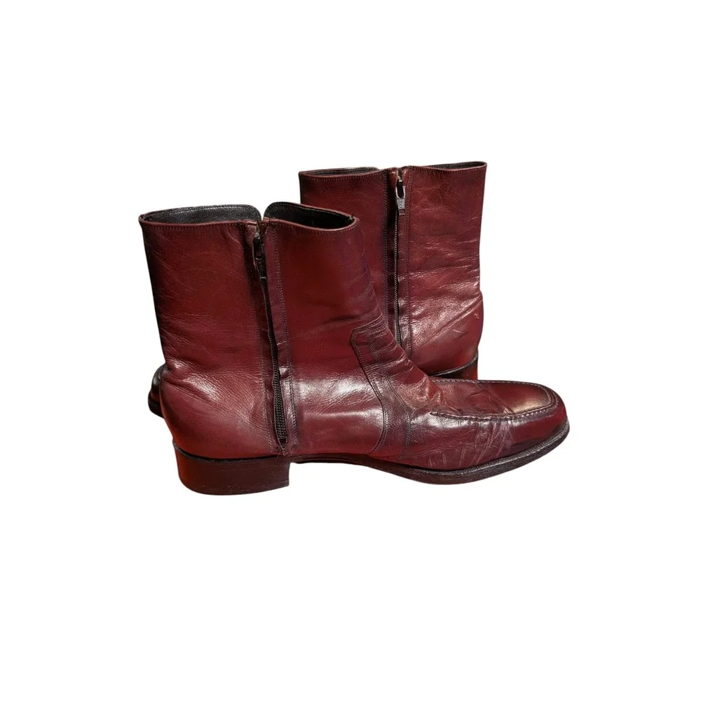 Florsheim Mens Burgundy Leather Side Zip Moc Toe Ankle Boots Vintage Style